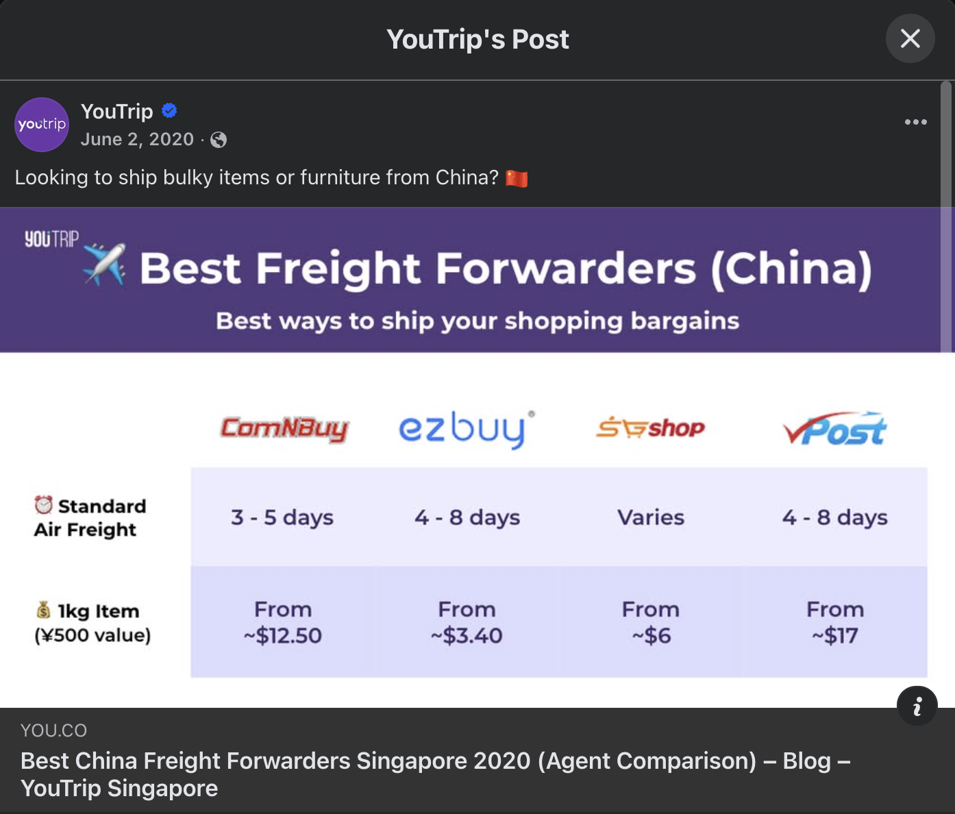 Com&Buy featured on YouTrip as fastest China freight forwarder Singapore 2020